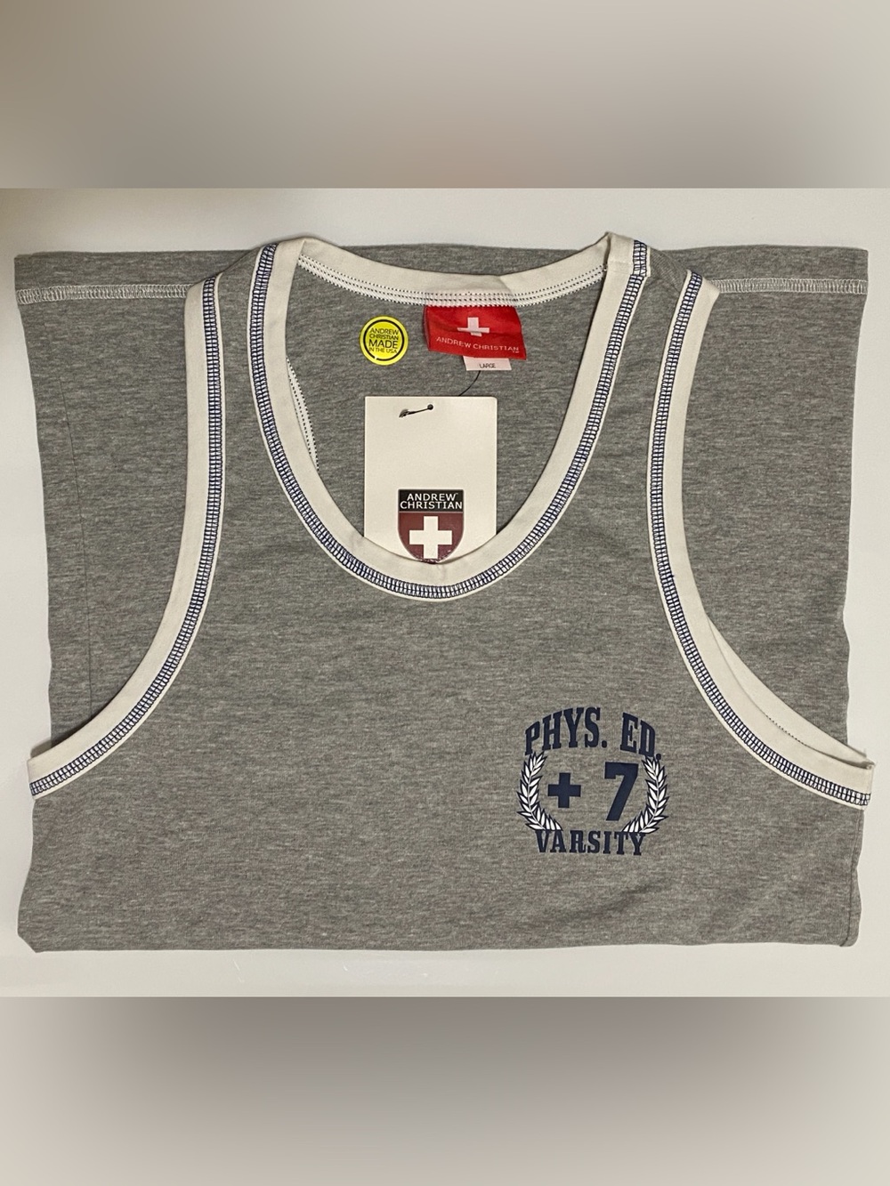NWT! Andrew Christian VNTG Tank LARGE Gray w/White Piping Trim and Navy Graphic